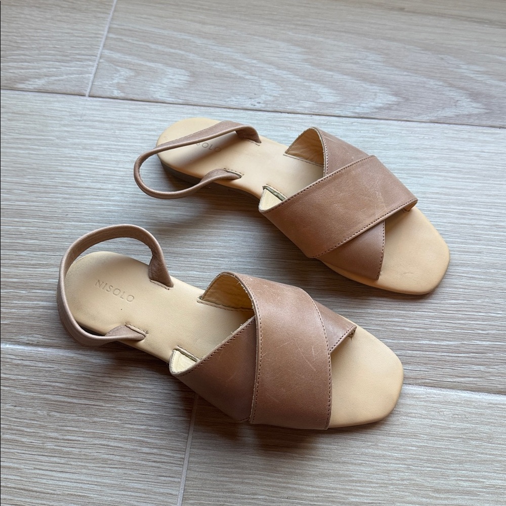 Nisolo Emma d’Orsay Sandals | Tan Leather Criss-Cross Flats | Size 8.5